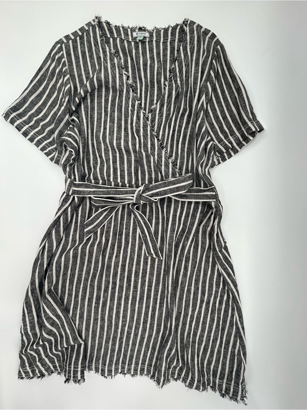 Susina Linen Blend Coastal Striped Faux Wrap Dress 1X
